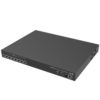 8 and 16 port all-in-one hybrid managed switch with coax and UTP ports, compact design, and LED indicator lights.