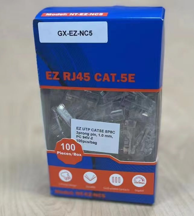 Cat5e Ez Connector by My Store, 100-pack of network cable connectors, showing the clear plastic connectors with metal contacts.