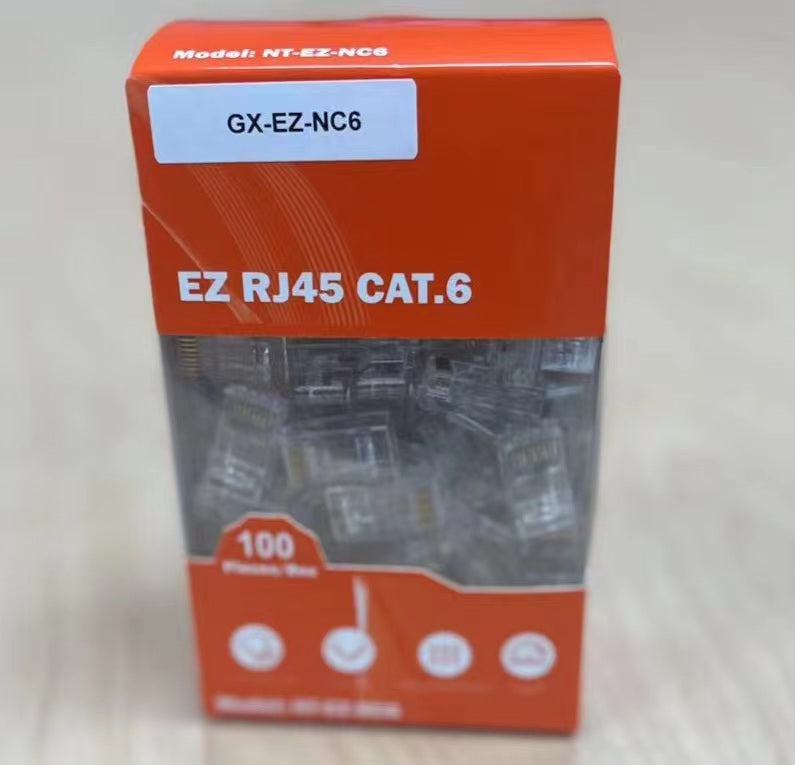 Pack of 100 My Store Cat6 Ez Connectors for Ethernet cable wiring, shown in a box with connectors ready for installation.