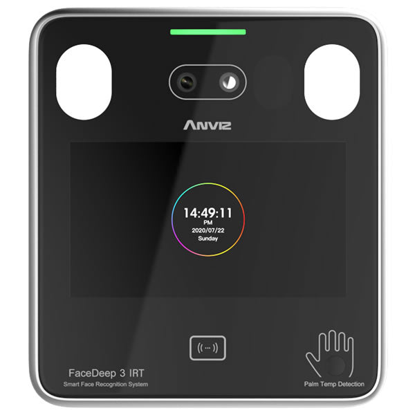 Smart face recognition terminal with body temperature detection, featuring a sleek design and infrared camera for accurate readings.