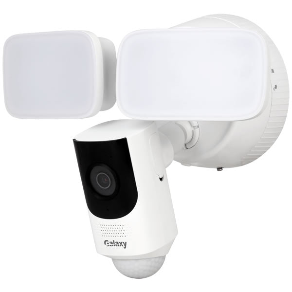 Galaxy Hunter 4MP WiFi Floodlight Camera with motion sensor and LED floodlights for outdoor home security.