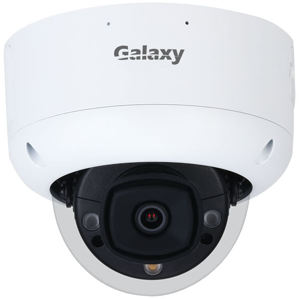 Galaxy Hunter 4MP AI IR dome network camera with infrared LEDs and sleek black housing for indoor or outdoor security surveillance