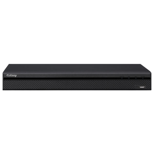 Galaxy Hunter Acupick AI 16-channel 2U NVR with 32MP support, 16 PoE ports, and dual SATA drives for security surveillance.
