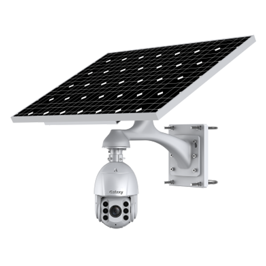 Galaxy Hunter Series 4G AI all-in-one solar monitoring system with lithium battery, featuring a PTZ camera and integrated design.