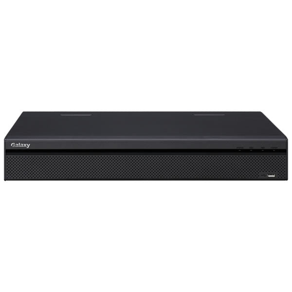 Galaxy Hunter 32-channel 6MP 4x SATA 2U hybrid DVR with multiple ports and control interface, used for high-definition security recording.