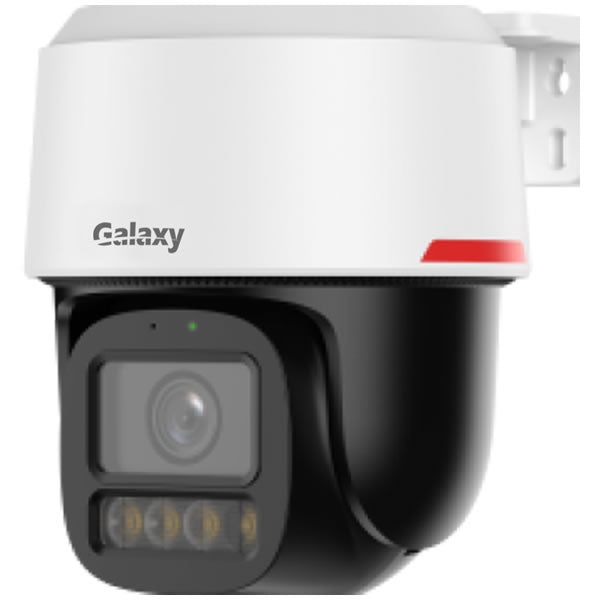 Galaxy Hunter 8MP AI-ISP full color pan/tilt security camera with auto tracking and active deterrence, mounted outdoors.
