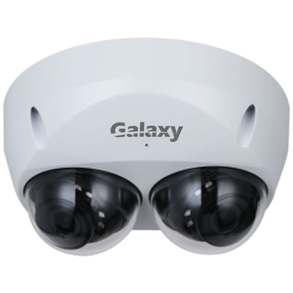 Galaxy Hunter 2×4 MP dual-directional AI network dome camera with black housing and mounting bracket.