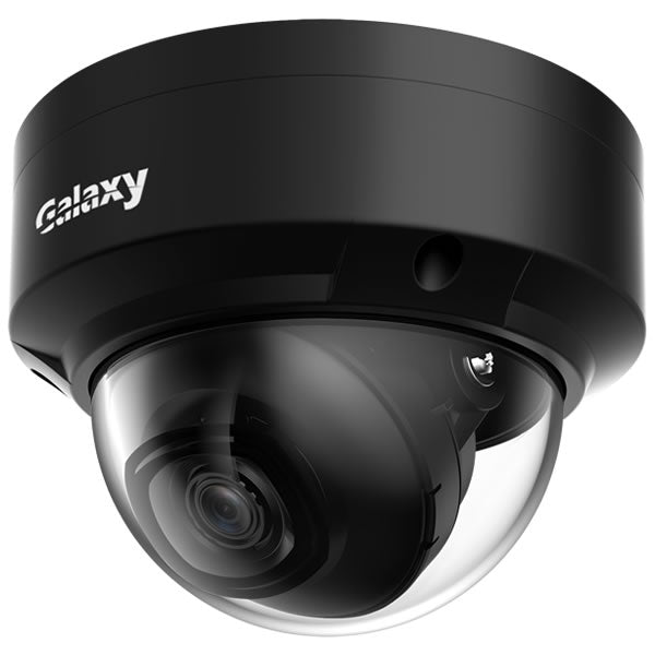 Galaxy Hunter Series 4MP Lite AI Starlight IR fixed dome IP camera with 2.8mm lens, black exterior, capturing high-quality surveillance footage.