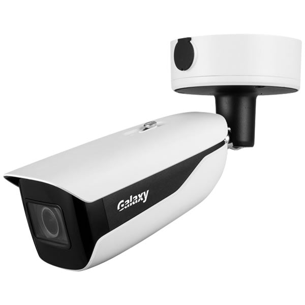 Galaxy Hunter 4MP IR Bullet Network Camera with infrared night vision, black outdoor security camera for surveillance.