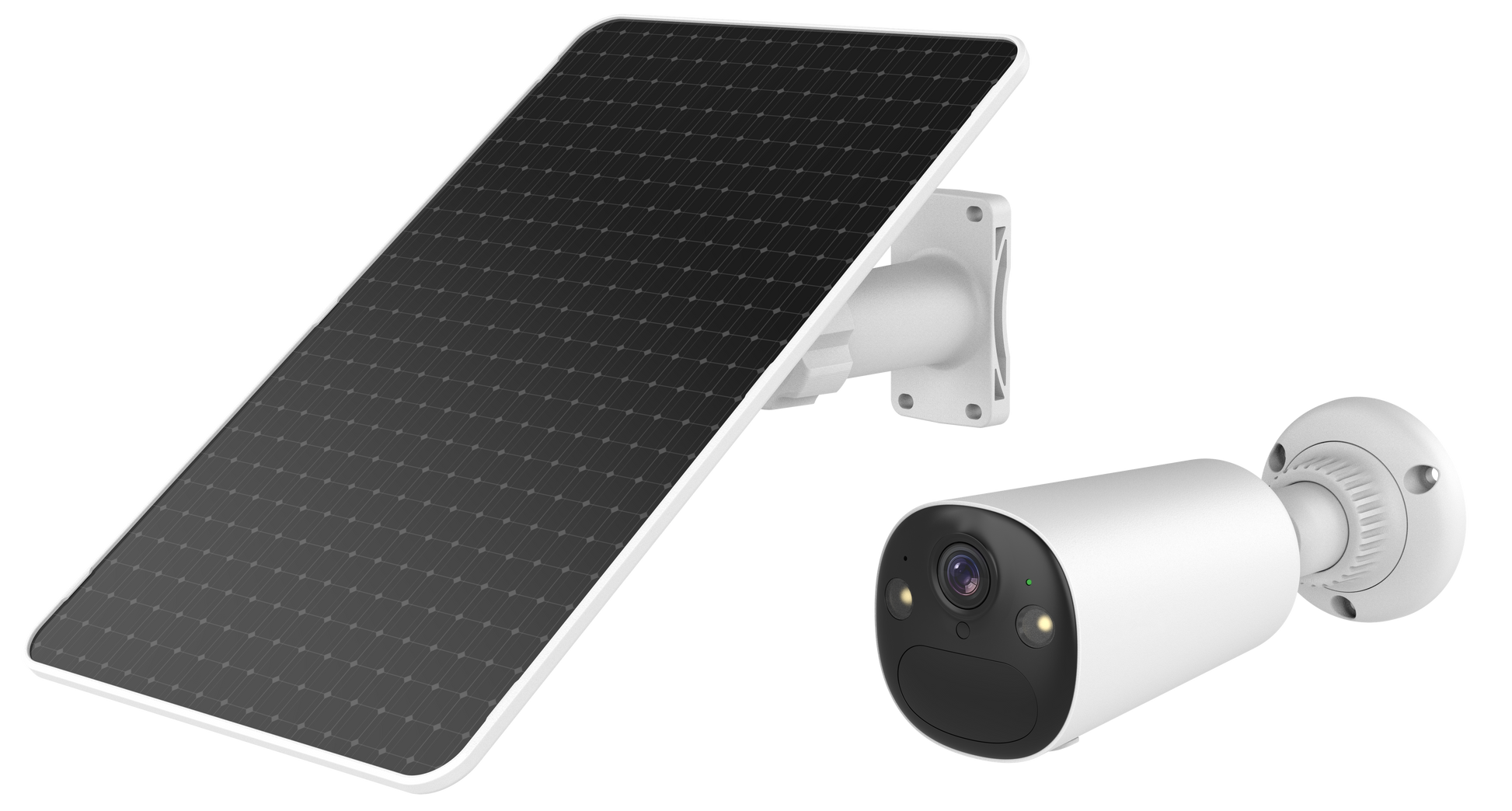 Galaxy Security Galaxy Hunter 8MP WiFi Bullet Camera with solar panel for outdoor 4K video surveillance and monitoring system.