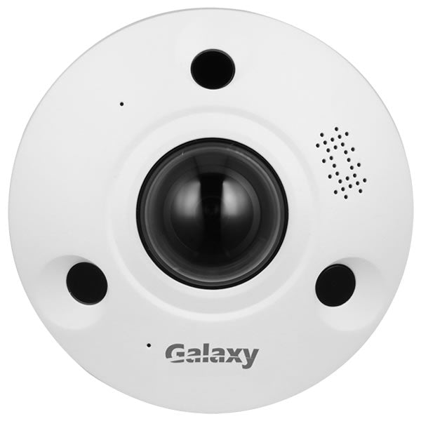 Galaxy Hunter 12MP IR AI fisheye network camera with wide-angle lens, black outdoor security camera for surveillance.