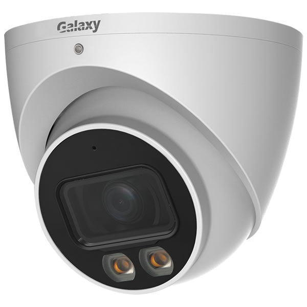 Galaxy Hunter 4MP Full Color Starlight AI Turret IP Camera with warm light, featuring advanced security and night vision capabilities.