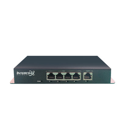 4-Port Gigabit Ethernet PoE switch with 1-Port Gigabit uplink, featuring compact design and multiple Ethernet ports.