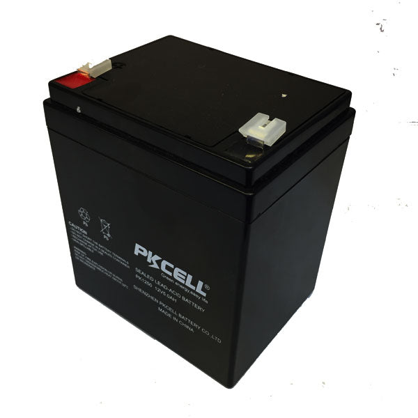 Sealed lead acid battery model PK1250 from My Store, showing the compact, rectangular battery with terminals on top.