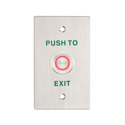 Round piezoelectric exit button with LED indicator, used for access control, featuring a sleek design and clear visual signaling.