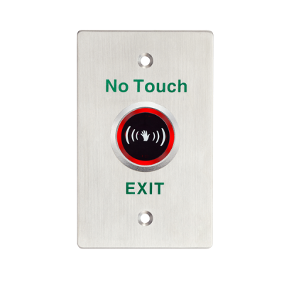 Exit button with LED illumination, designed for access control systems, featuring a sleek black finish and clear labeling.