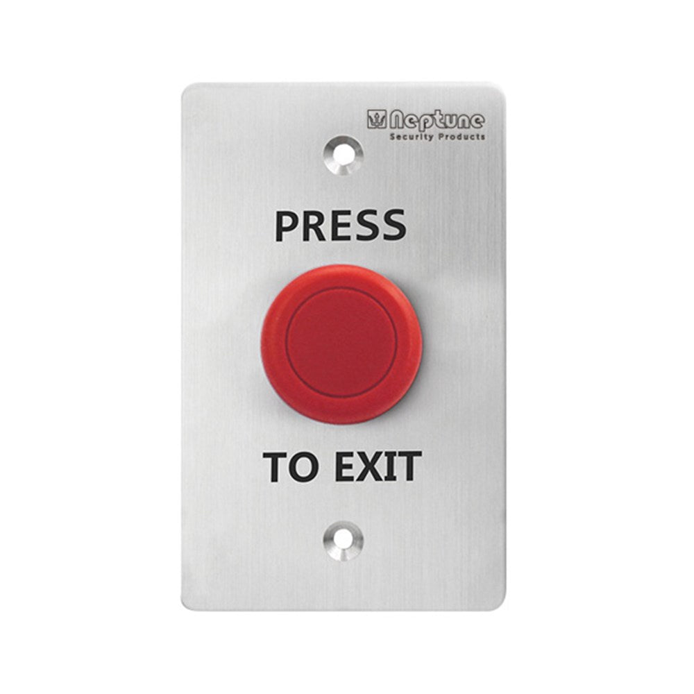 Red mushroom "Press to Exit" button from Galaxy brand, with a black mounting base and clear "Press to Exit" label.