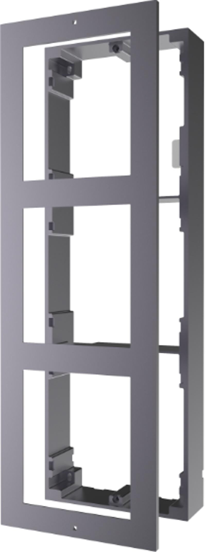 Surface mount bracket for 3-bay intercom module by Galaxy Security, shown mounted on wall with metal construction.