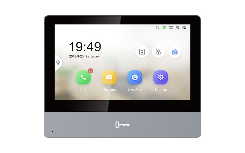 Indoor station for security system, white touchscreen display with keypad and control buttons, part of My Store security setup.