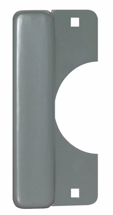Electric strike protector with 3-3/4 inch rose, 8 inch height, 3.5 inch width, and 0.1 inch depth, compatible with security systems.