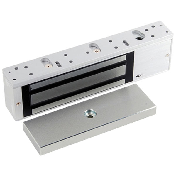 RCI MultiMag electromagnetic lock for single doors, featuring sturdy metal housing and wiring connections, installed on door frame.