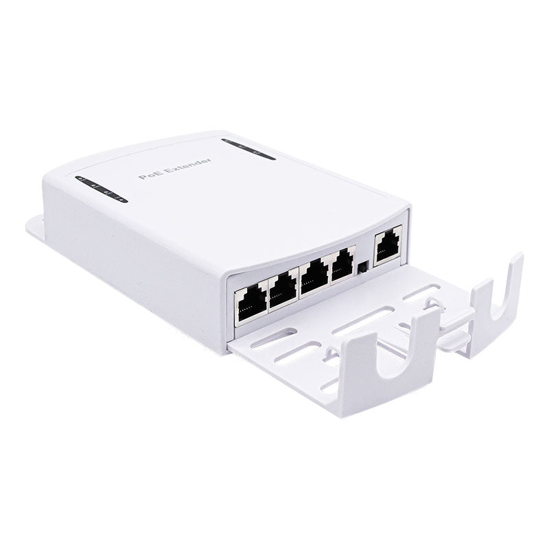 Galaxy Network 4-channel gigabit PoE extender with waterproof design, showing ports and waterproof casing for outdoor use.