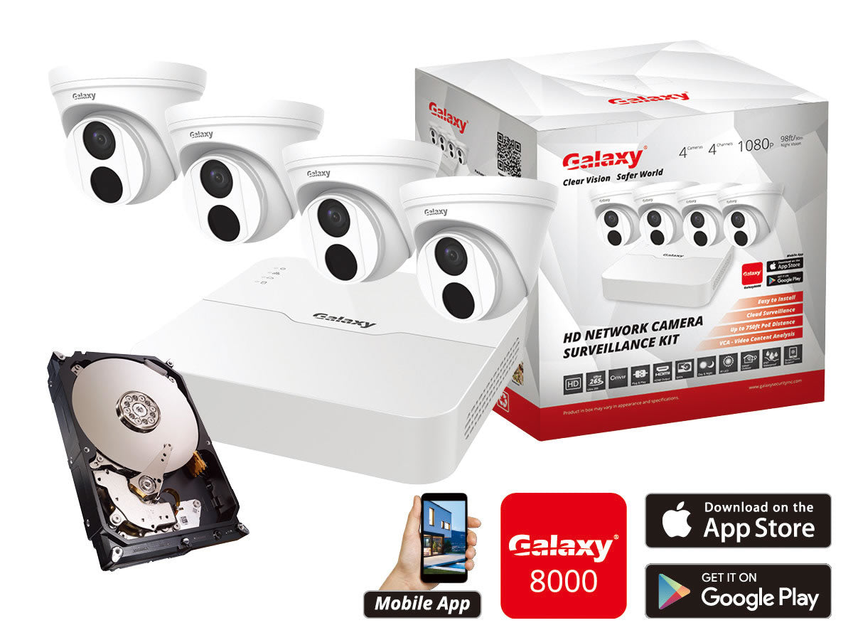 Galaxy Pro 4CH IP security camera kit with GX-NVR104K-PKG network video recorder and 1TB storage drive.