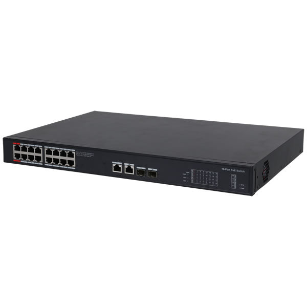 Galaxy 16-port unmanaged gigabit PoE switch from My Store, showing multiple Ethernet ports and power indicators.