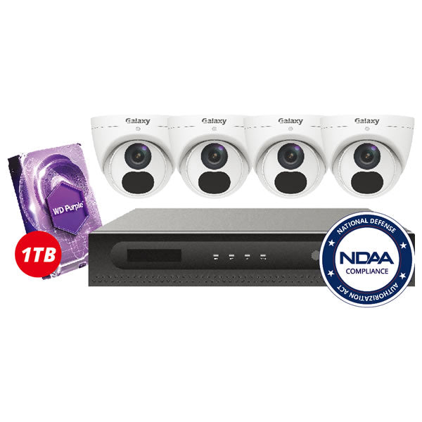 4-channel 2MP Galaxy Elite IP security camera kit with multiple cameras and network equipment for home or office surveillance.