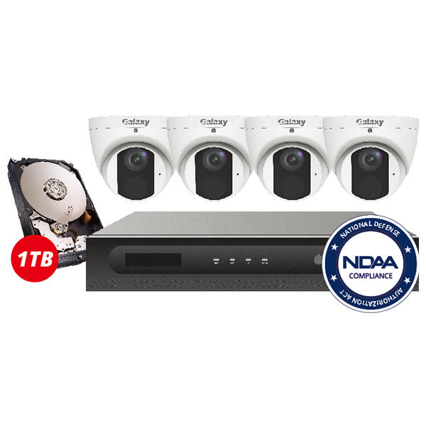 4MP Galaxy Pro Starlight IP security camera kit with built-in analytics including line crossing, people counting, intrusion, and face detection