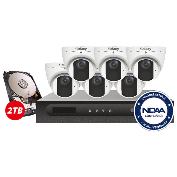 8-channel 4MP Galaxy Pro Starlight IP security camera kit with built-in analytics for line crossing, people counting, intrusion, and face detection.