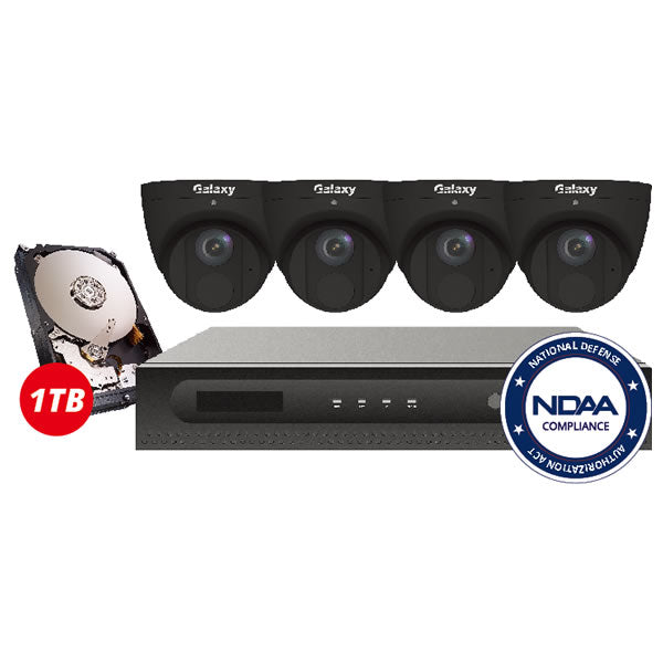 4-channel 4MP Galaxy Pro Starlight IP security camera kit with built-in analytics for line crossing, people counting, intrusion, and face detection
