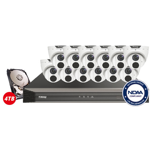 16-channel Galaxy Pro Series 4K AI IP turret camera kit with built-in analytics like line crossing, people counting, and face detection.