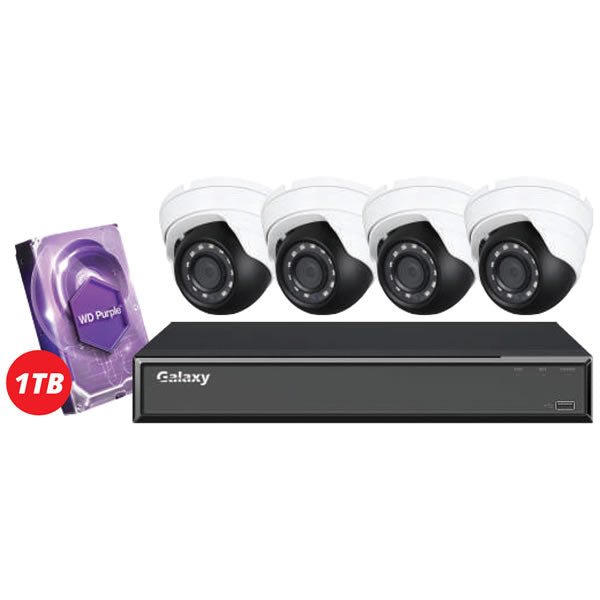 4CH Hunter Series 5MP IP Eyeball Camera Kit with four high-resolution surveillance cameras for security monitoring.