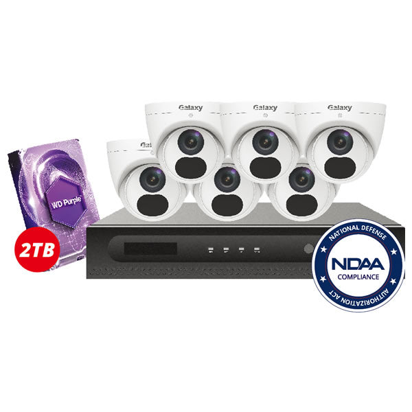 8-channel 2MP Galaxy Elite IP security camera kit with cameras and network recorder, featuring sleek design and high-definition footage.