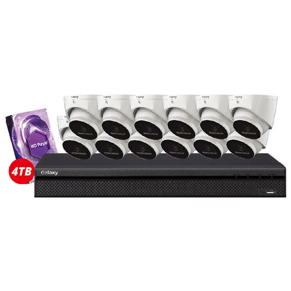 16-channel Hunter Series 4MP Starlight IP turret security camera kit showing multiple cameras with night vision capabilities.