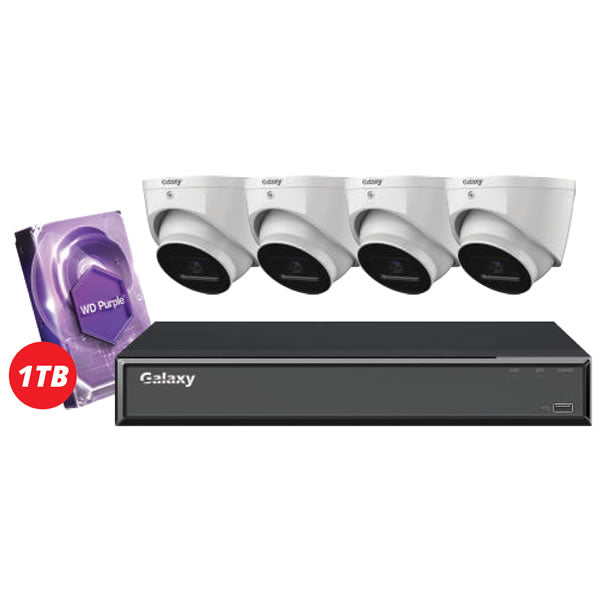 4-channel Hunter Series 4MP Starlight IP turret security camera kit with black weatherproof cameras and mounting hardware