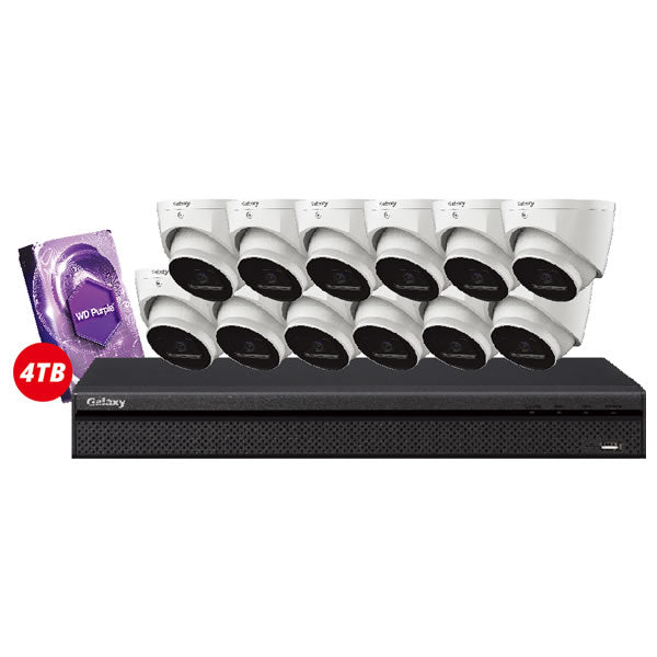 16-channel Hunter Series 4K Starlight IP turret security camera kit with multiple cameras and accessories.