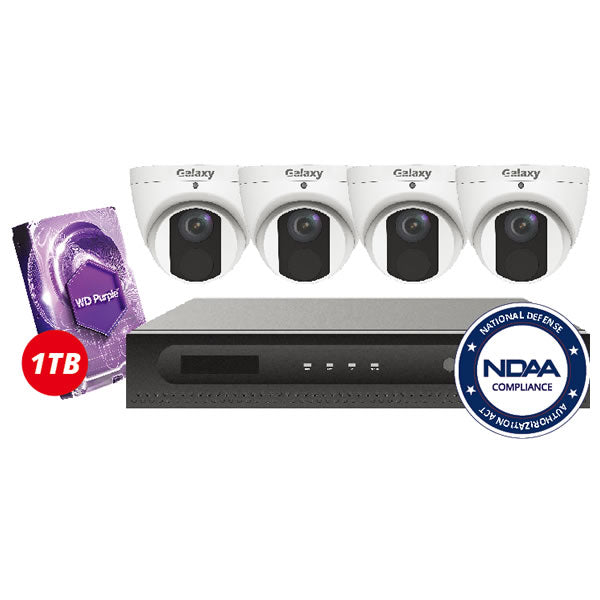 4-channel 4MP Galaxy Elite IP security camera kit with four cameras and network recording equipment.