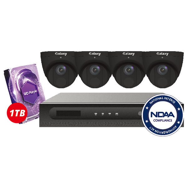 4-channel 4MP Galaxy Elite IP security camera kit with cameras and network video recorder for home or business surveillance.