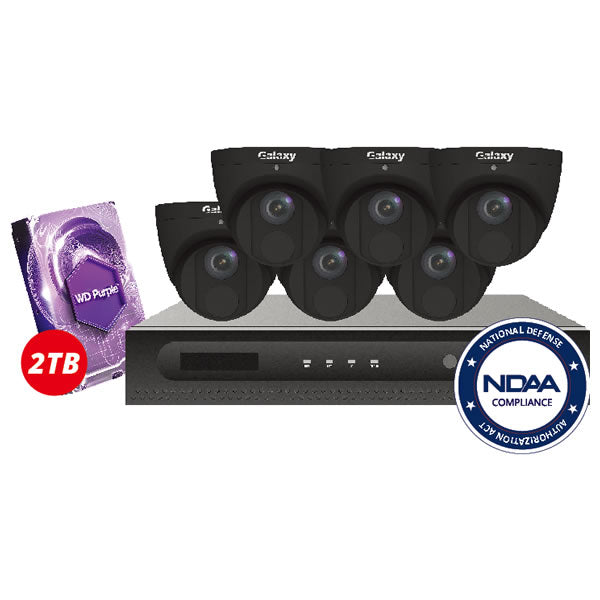 8-channel 4MP Galaxy Elite IP security camera kit with cameras mounted on a wall and network cables for home or business security.