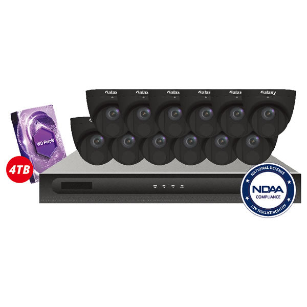 16-channel 4MP Galaxy Elite IP security camera kit with multiple cameras and network equipment for home or business surveillance.