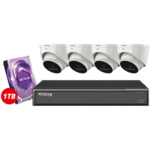 4-channel Galaxy Hunter 4K Starlight AI IP turret security camera kit, featuring multiple cameras with high-resolution and smart AI detection.