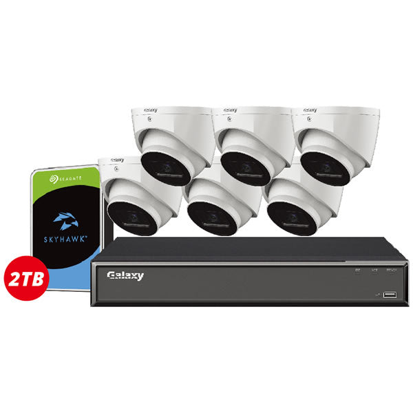 8-channel Galaxy Hunter 4K Starlight AI IP turret security camera kit showing four cameras mounted and recording in a dark environment.