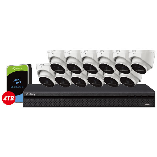 16-channel Galaxy Hunter 4K Starlight AI IP turret security camera kit with multiple cameras and sleek design.