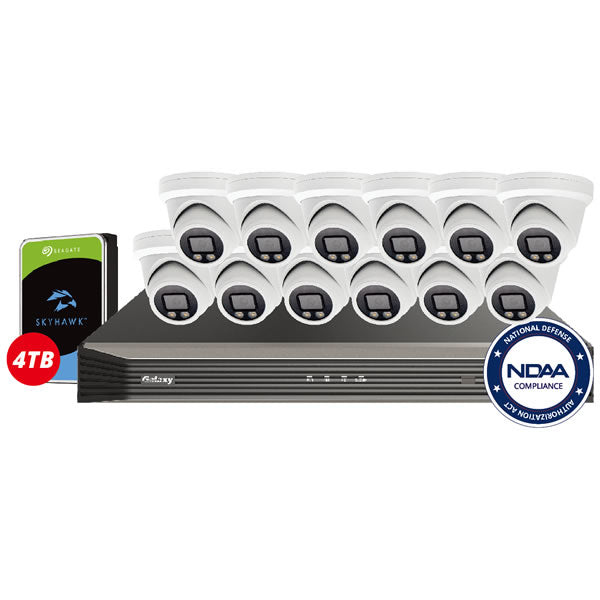 16-channel NDAA 6MP full-color IP camera package with 4-channel system, showing daytime and nighttime views in a security setup
