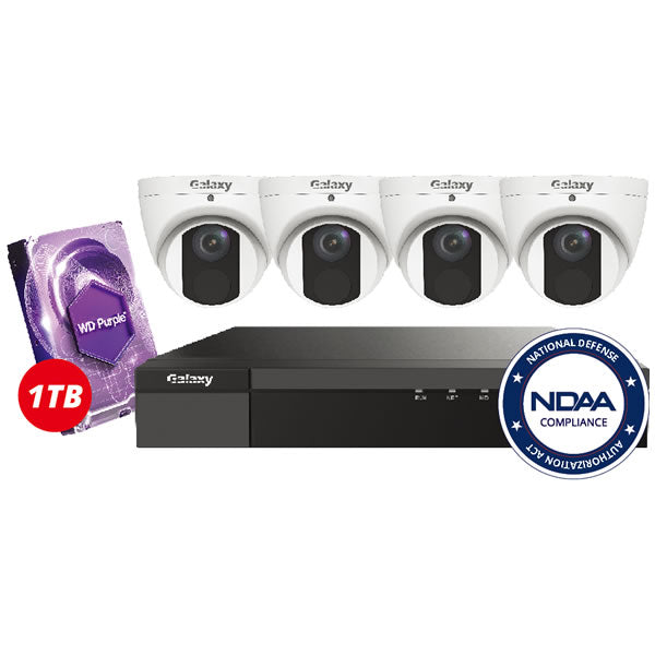 4-channel 4MP Galaxy Elite IP security camera kit with cameras, cables, and accessories for home or business surveillance.