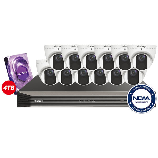 16-channel 4MP Galaxy Elite IP security camera kit with multiple cameras and network equipment for home or business surveillance.