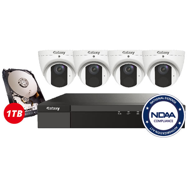 4-channel 4MP Galaxy Pro Starlight IP security camera kit with four cameras and accessories, ideal for home or business security.