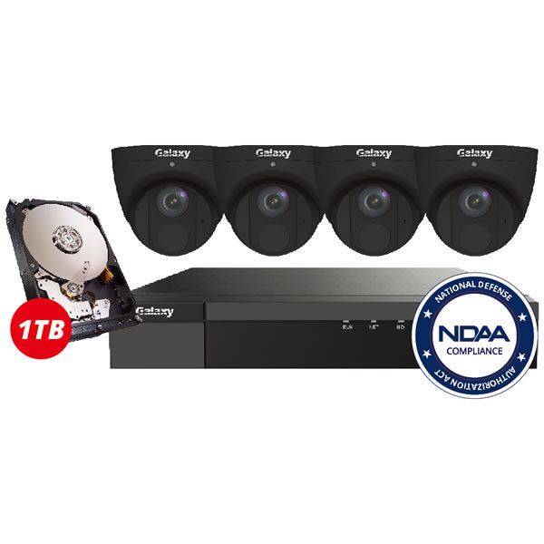 4-channel 4MP Galaxy Pro Starlight IP security camera kit with built-in analytics like line crossing, people counting, intrusion, face detection